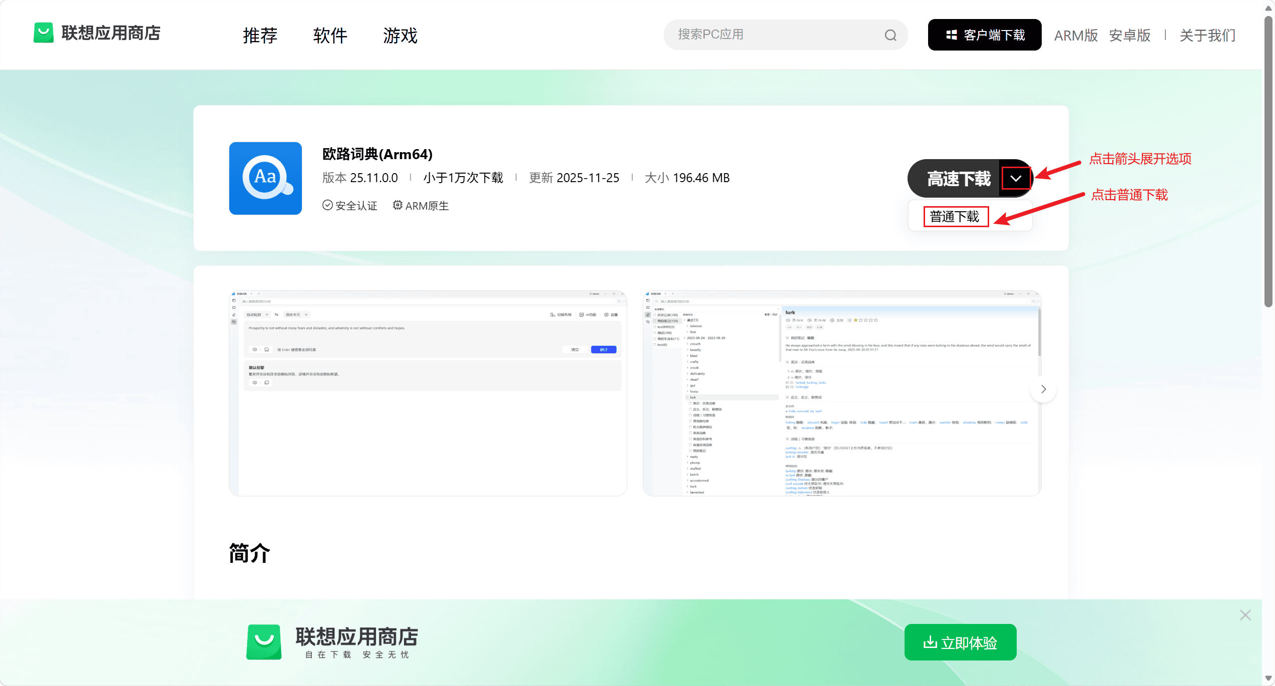 确认软件名称并选择普通下载
